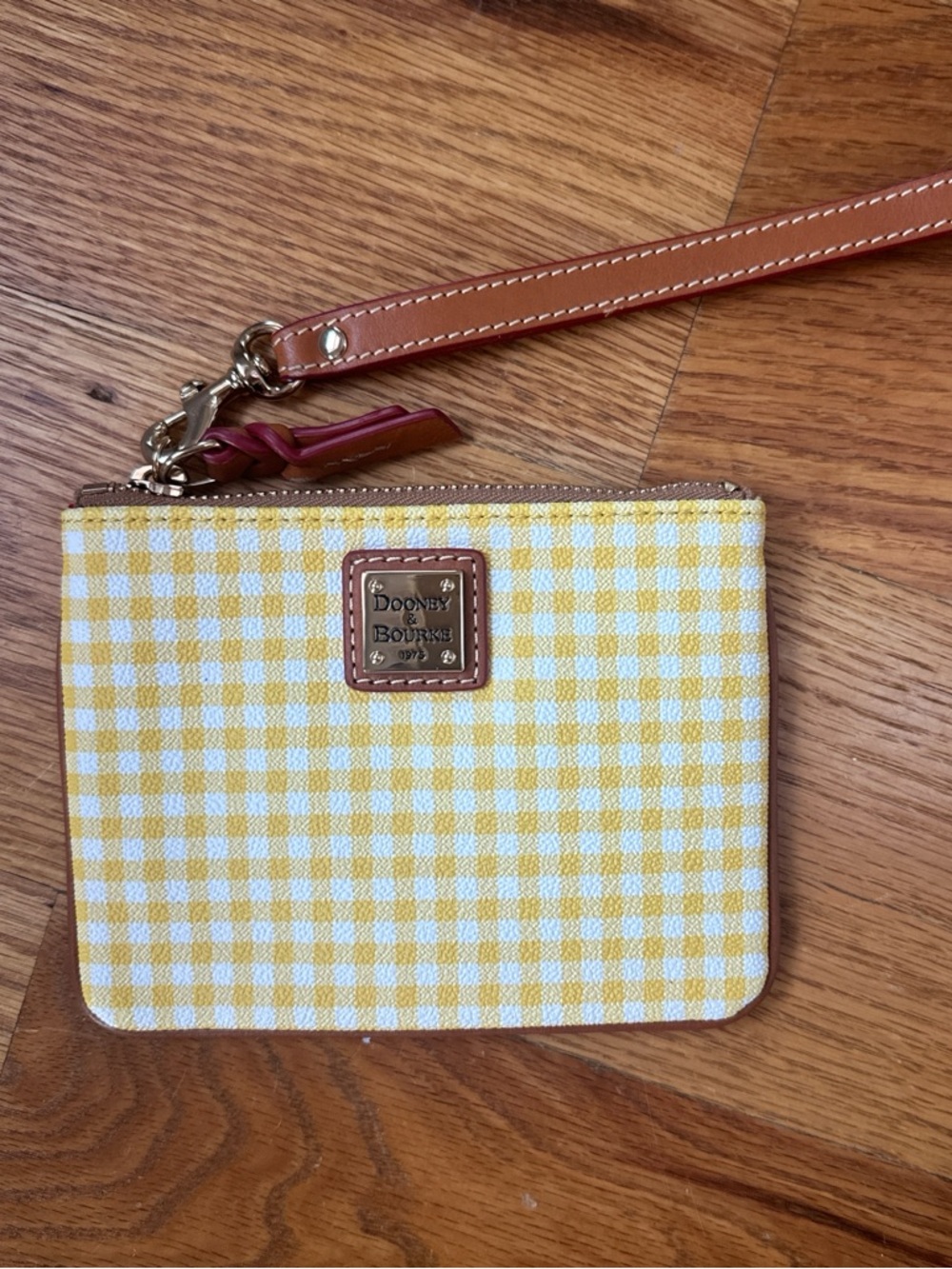 Dooney & Bourke Yellow and White Gingham Wristlet with Leather Strap